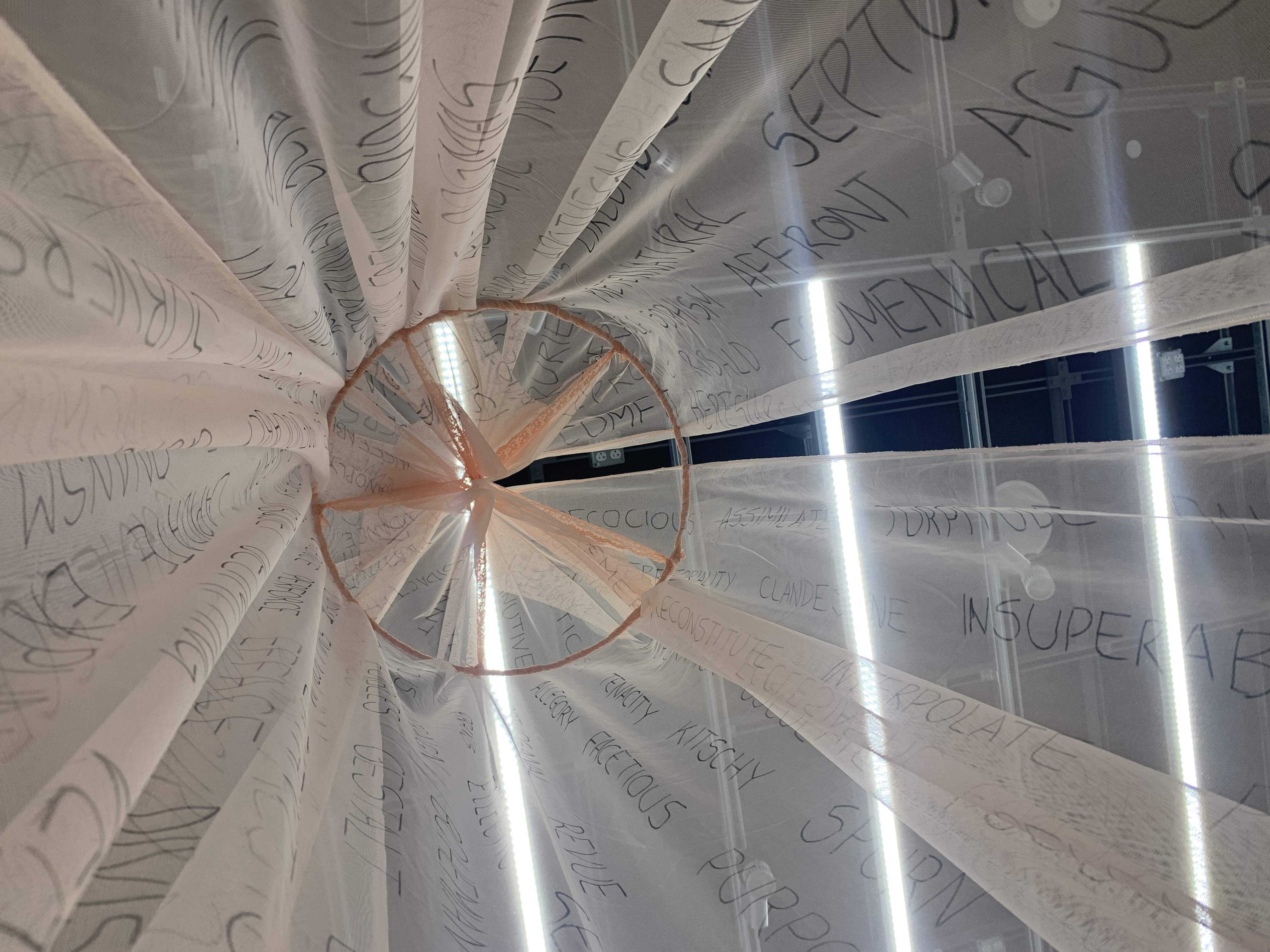 View from within the interactive fiber sculpture and artist book, Semantic Royalty, by Ella Fainaru-Wada.